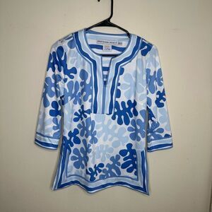 Gretchen Scott Split Neck Top Tunic Blue White Patterned size XS
